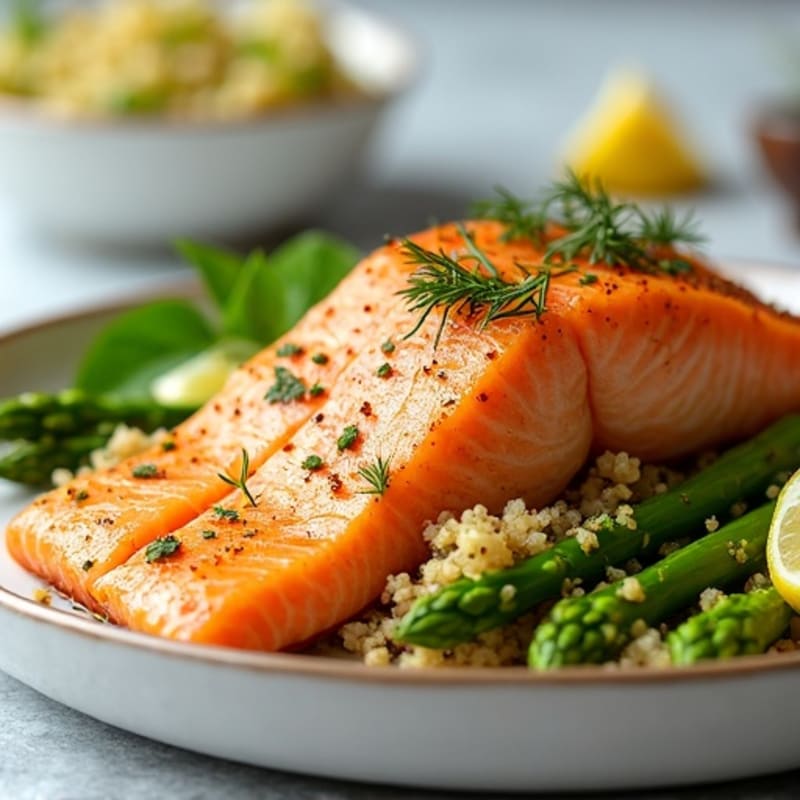 Flaky Roasted Salmon with Crispy Asparagus and Lemon-Dill Quinoa