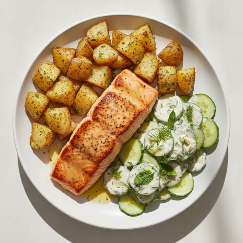 Pan-Seared Salmon with Roasted Potatoes and Cucumber Salad