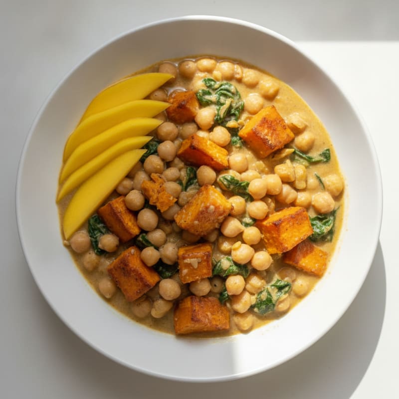 Creamy Chickpea and Spinach Stew with Roasted Sweet Potato
