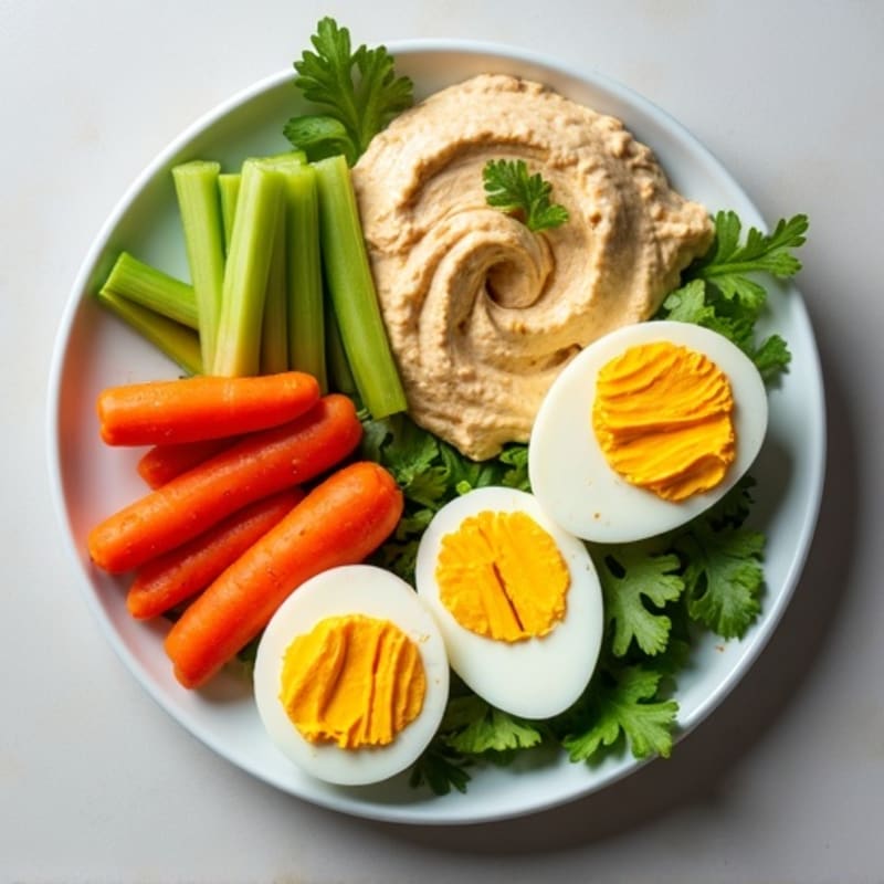 Protein Snack Plate with Hard-Boiled Eggs, Crunchy Vegetables, and Creamy Hummus