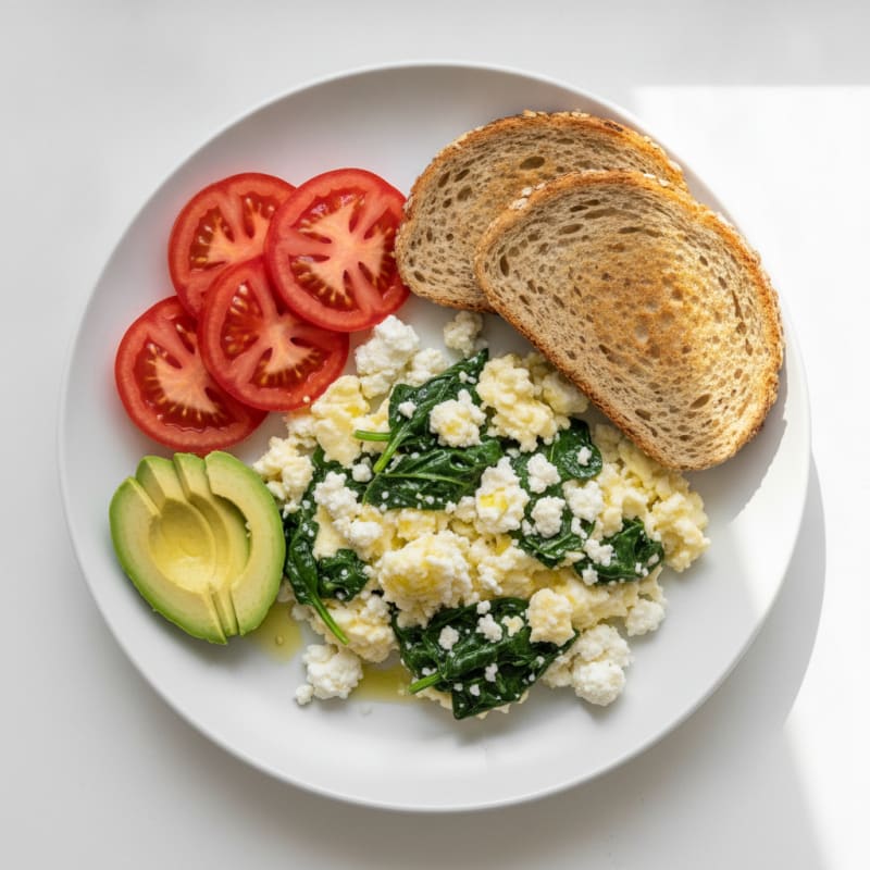 Egg White Spinach Scramble with Cottage Cheese and Fresh Tomatoes