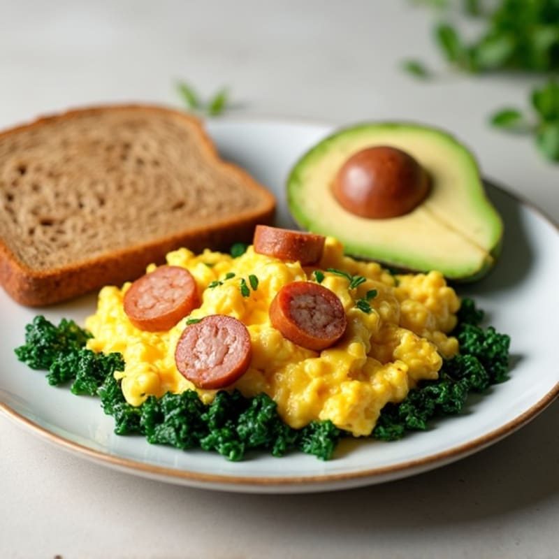Egg White and Turkey Sausage Scramble with Sautéed Spinach