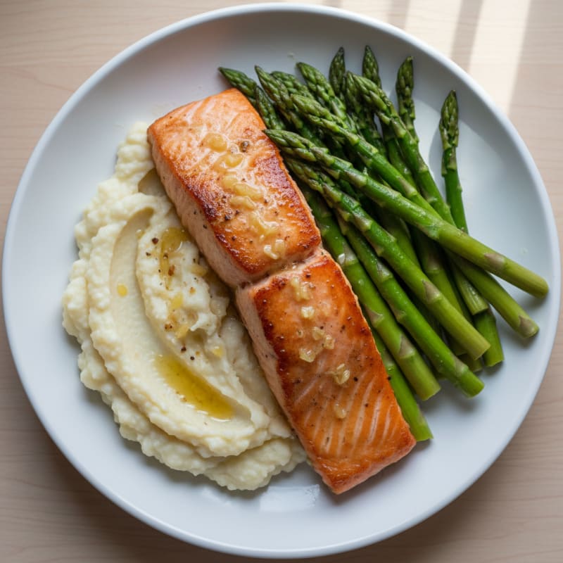 Seared Salmon with Steamed Asparagus and Cauliflower Mash