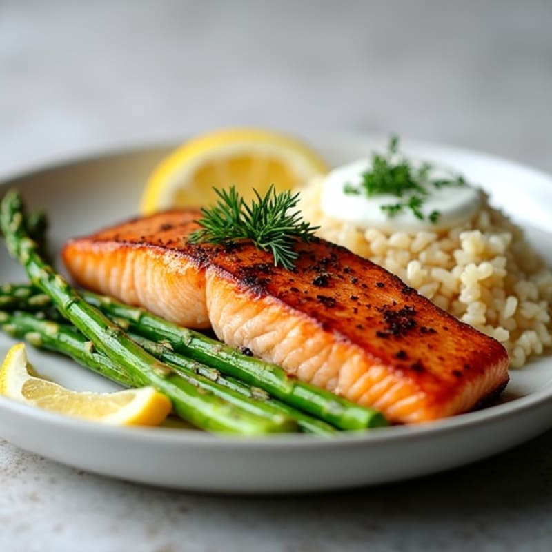 Seared Salmon with Steamed Asparagus and Lemon Herb Rice