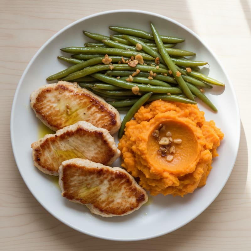 Seared Turkey Cutlets with Garlic Green Beans and Sweet Potato Mash
