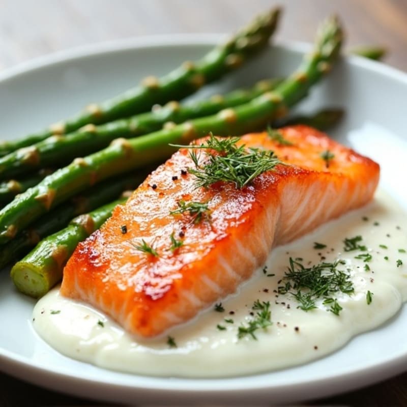 Pan-Seared Salmon with Creamy Dill Sauce and Roasted Asparagus