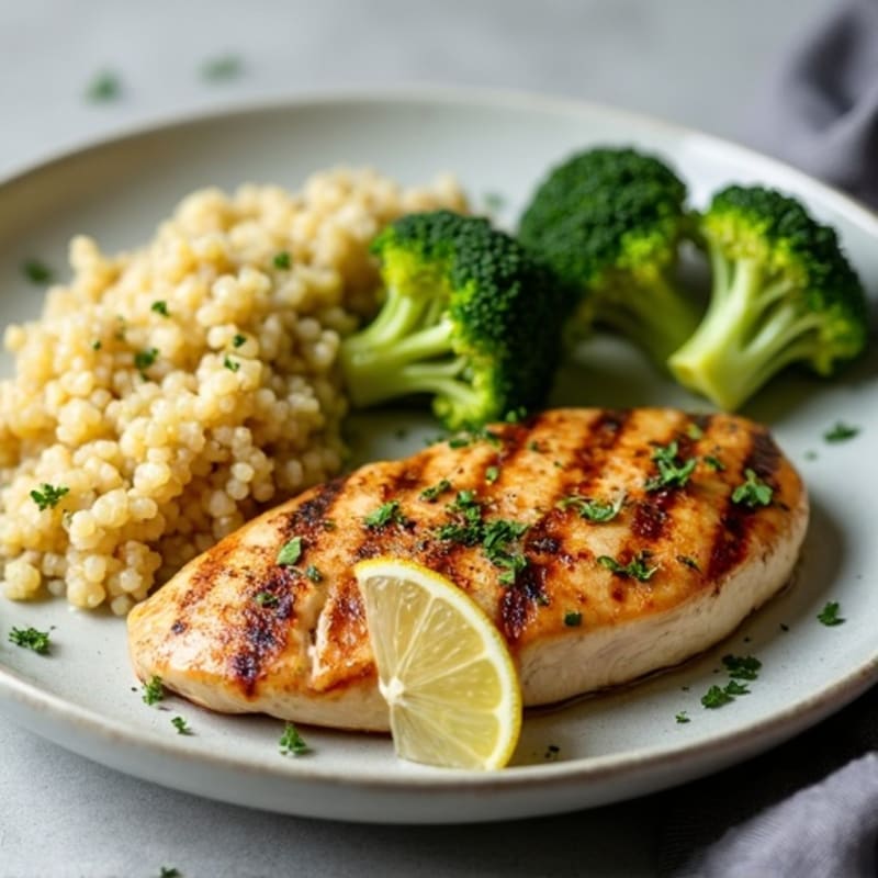 Grilled Lemon-Herb Chicken Breast with Quinoa and Roasted Broccoli