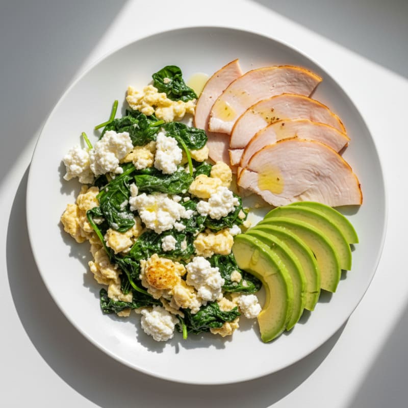 Egg White and Spinach Scramble with Cottage Cheese and Sliced Turkey
