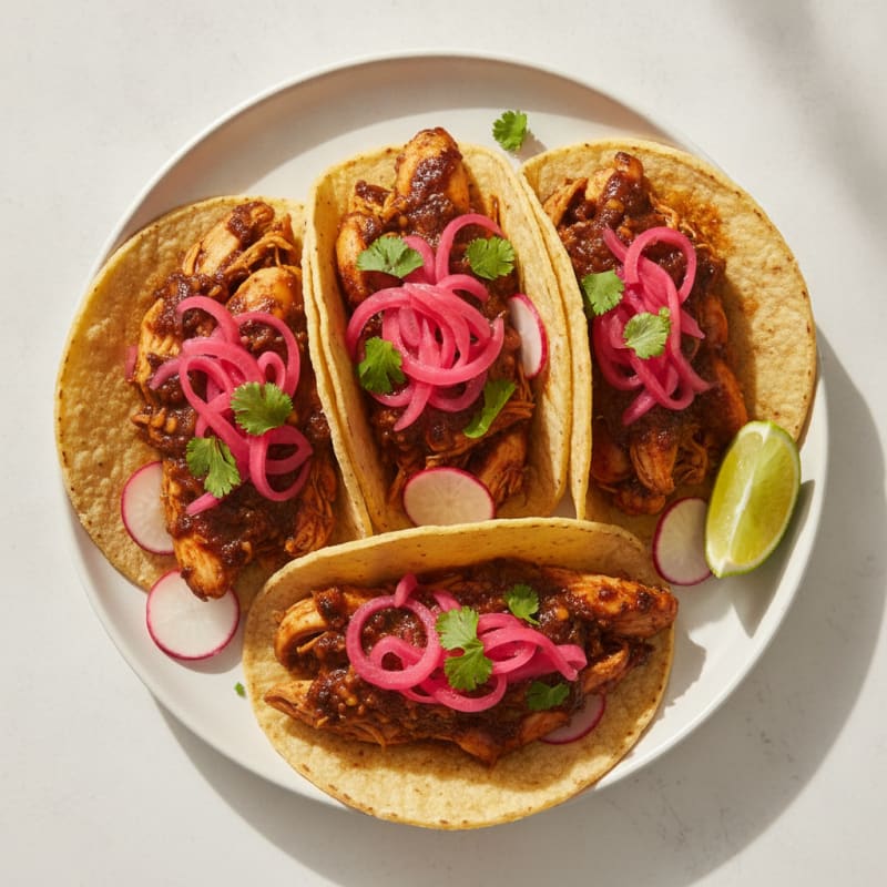 Chicken Adobo Tacos with Pickled Onions