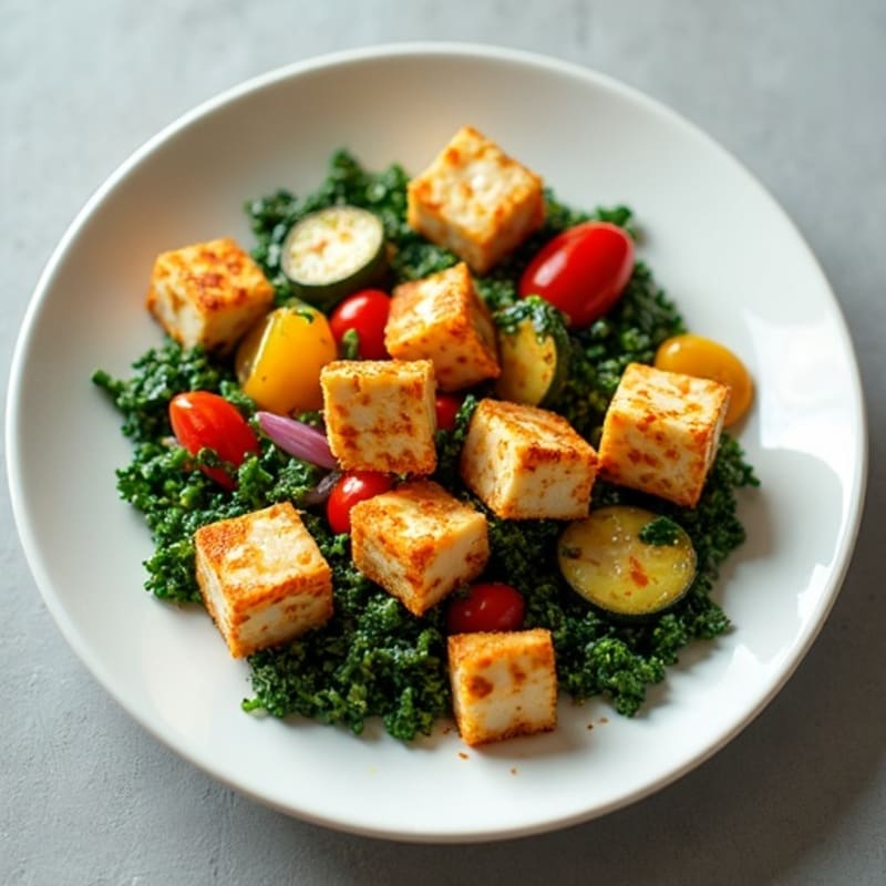 Crispy Spiced Paneer with Roasted Vegetables and Creamy Spinach