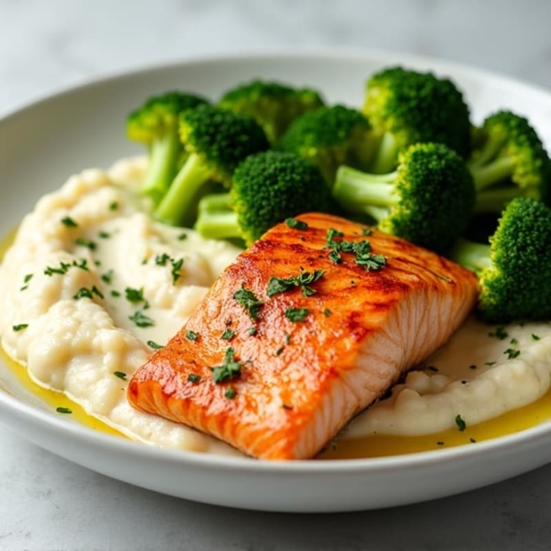 Seared Salmon with Steamed Broccoli and Garlic Cauliflower Mash