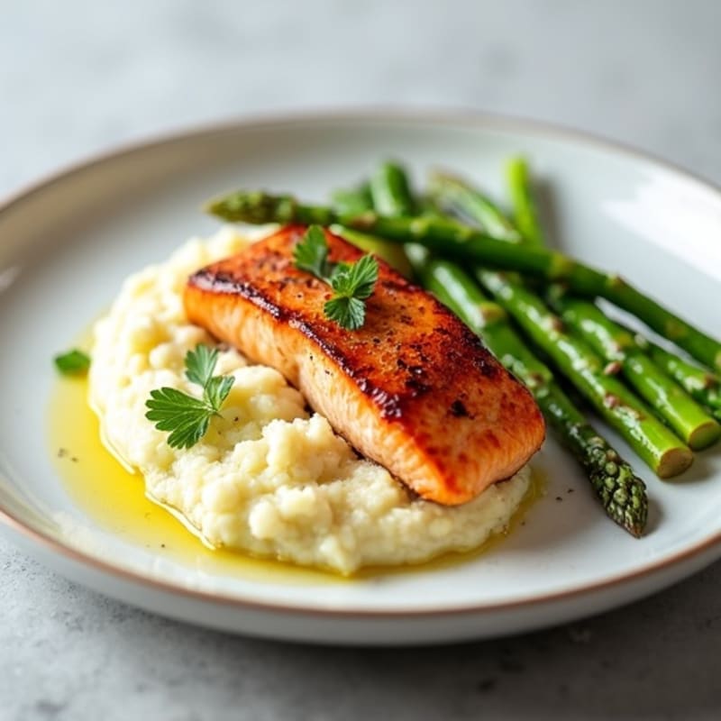 Seared Salmon Fillet with Steamed Asparagus and Cauliflower Mash