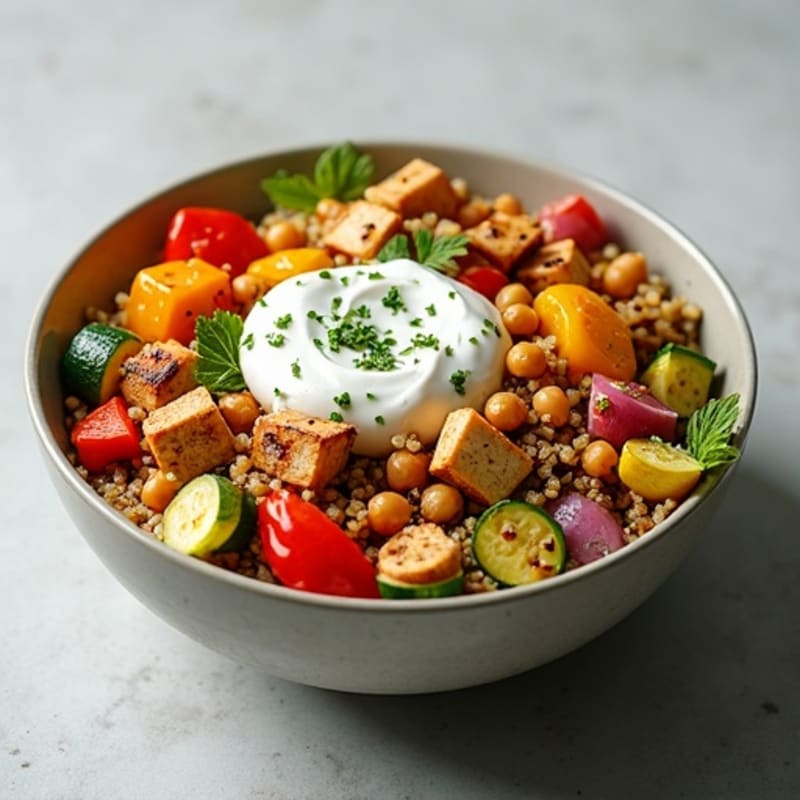 Hearty Quinoa Bowl with Roasted Vegetables, Crispy Chickpeas, and Creamy Lemon-Herb Dressing