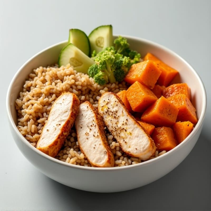 Grilled Chicken and Brown Rice Bowl with Roasted Sweet Potatoes