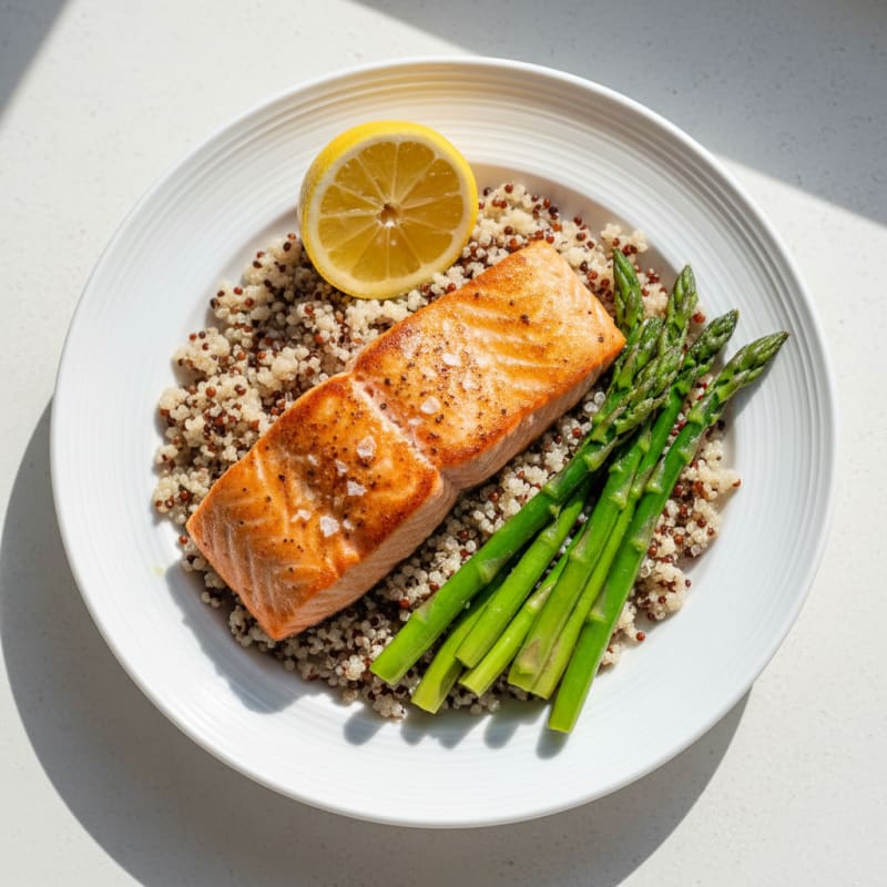 Seared Salmon Fillet with Steamed Asparagus and Quinoa