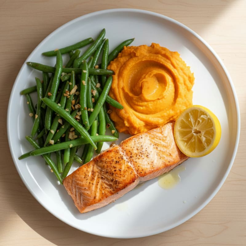 Seared Salmon with Garlic Green Beans and Sweet Potato Mash