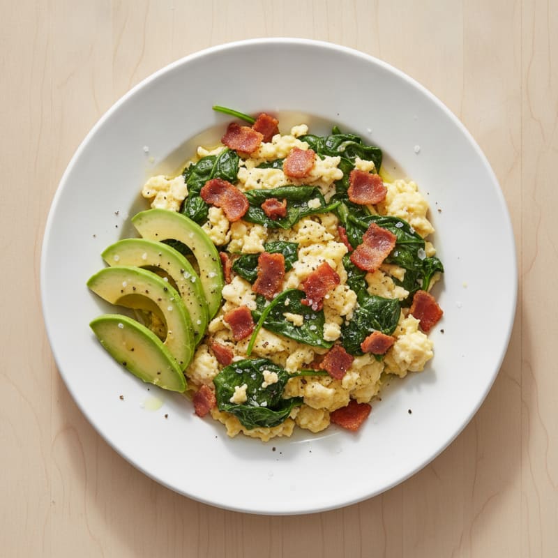 Crispy Turkey Bacon Egg White Scramble with Spinach