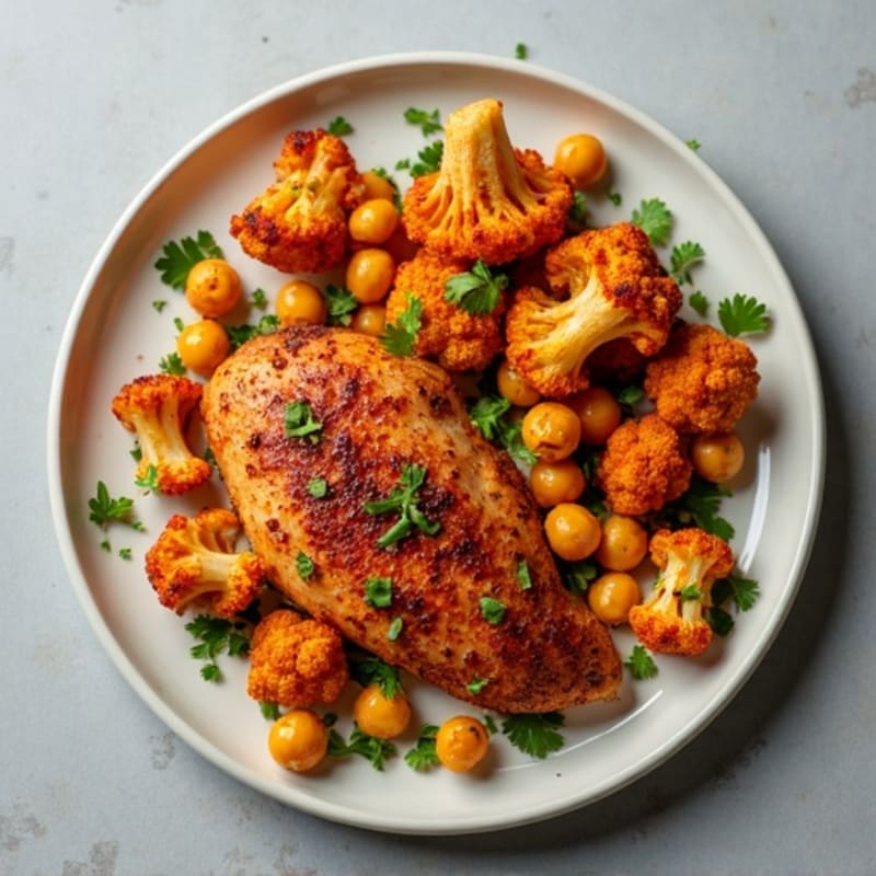 Sheet Pan Harissa Chicken with Crispy Chickpeas and Roasted Cauliflower