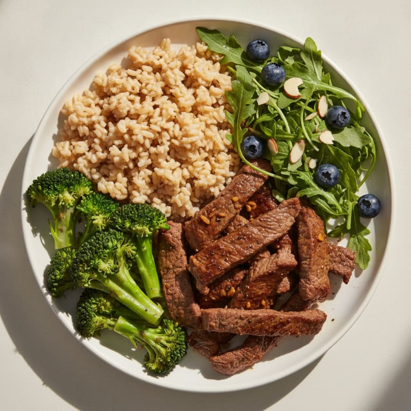 Seared Lean Beef Strips with Steamed Broccoli and Garlic Brown Rice