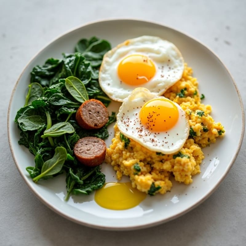 Egg White and Turkey Sausage Scramble with Sautéed Spinach