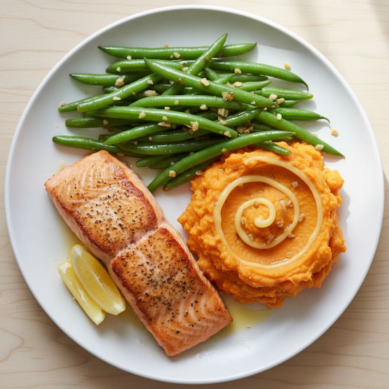 Seared Salmon with Garlic Green Beans and Mashed Sweet Potato