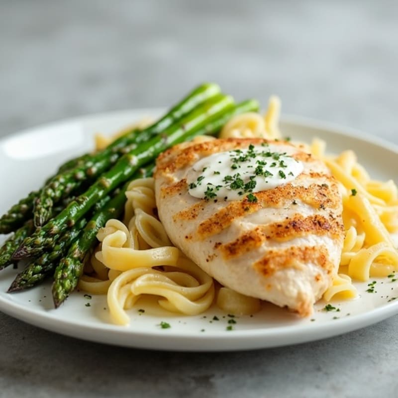 Creamy Lemon Herb Chicken Pasta with Roasted Asparagus