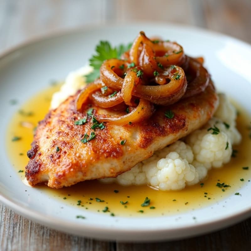 Crispy Salted Chicken with Creamy Whipped Cauliflower and Sweet Caramelized Onions