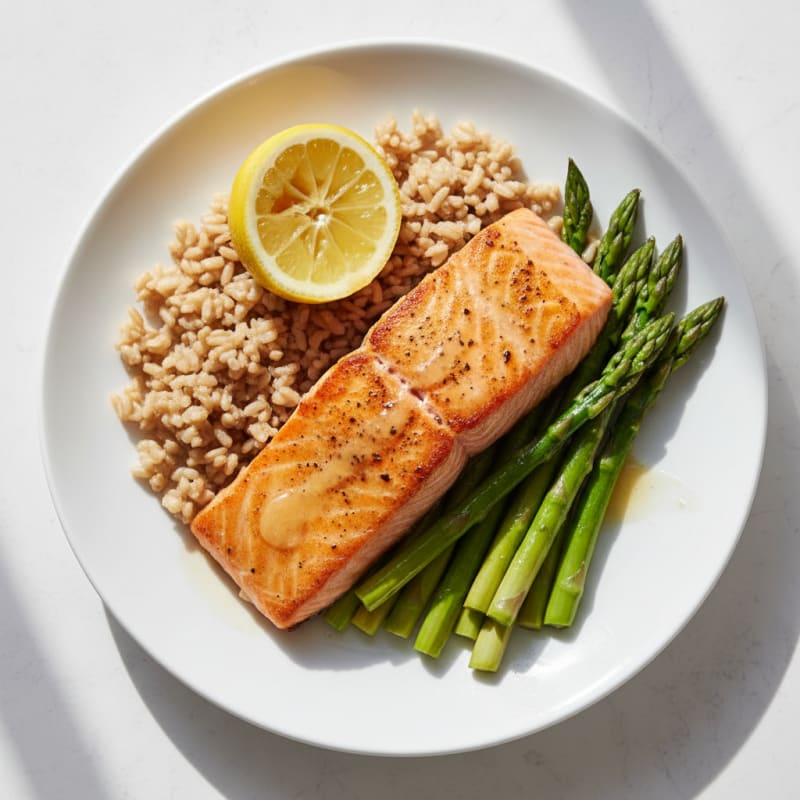 Seared Salmon with Steamed Asparagus and Brown Rice