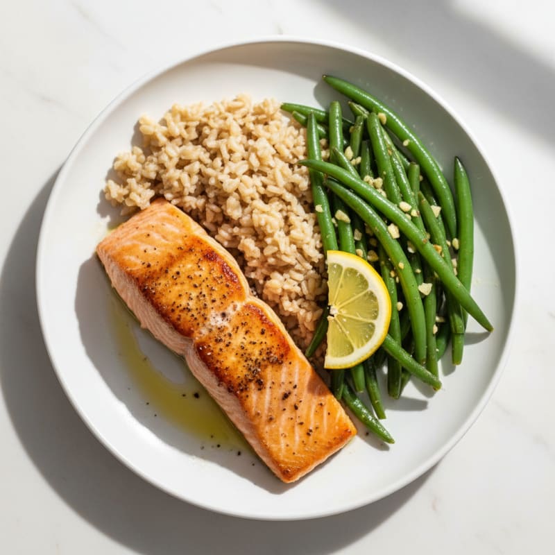 Seared Salmon with Garlic Green Beans and Brown Rice