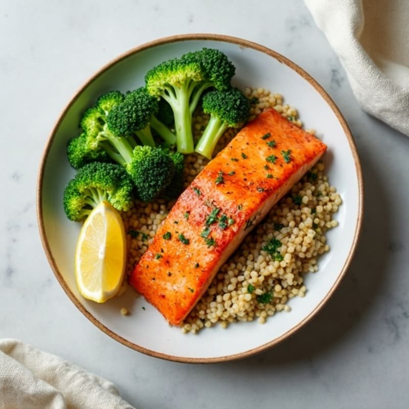 Seared Salmon with Steamed Broccoli and Quinoa