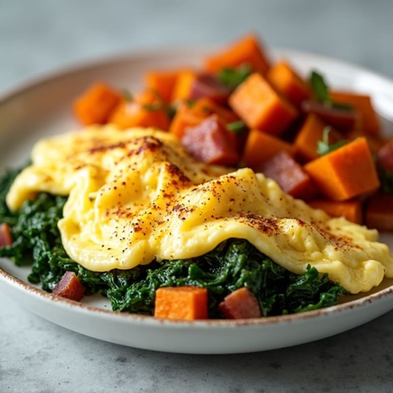 Fluffy Scrambled Eggs with Sautéed Greens and Crispy Sweet Potato Hash