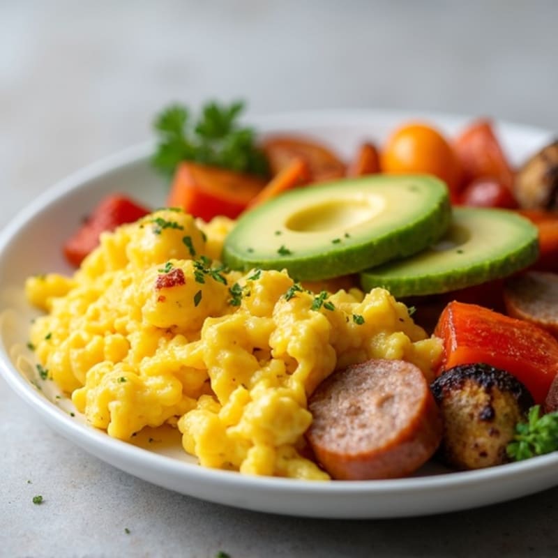 Creamy Scrambled Eggs with Chicken Sausage and Roasted Veggies
