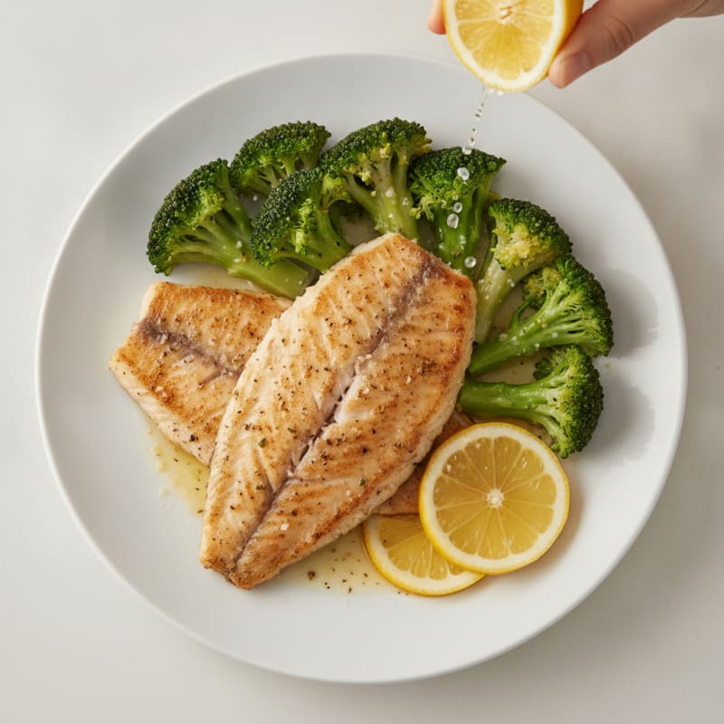 Seared Tilapia with Steamed Broccoli and Lemon