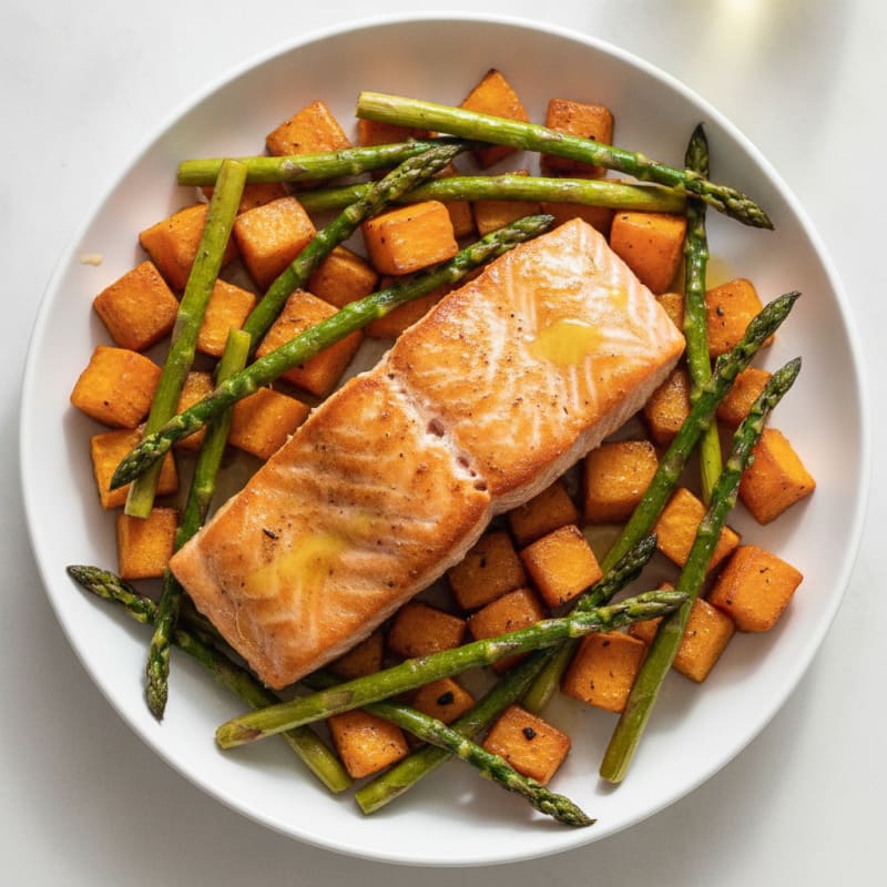 Seared Salmon with Roasted Sweet Potatoes and Asparagus