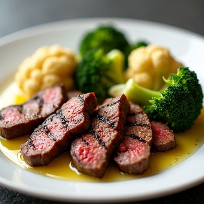 Seared Lean Beef Strips with Roasted Broccoli and Cauliflower