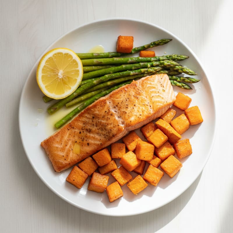 Seared Salmon Fillet with Roasted Sweet Potato and Asparagus