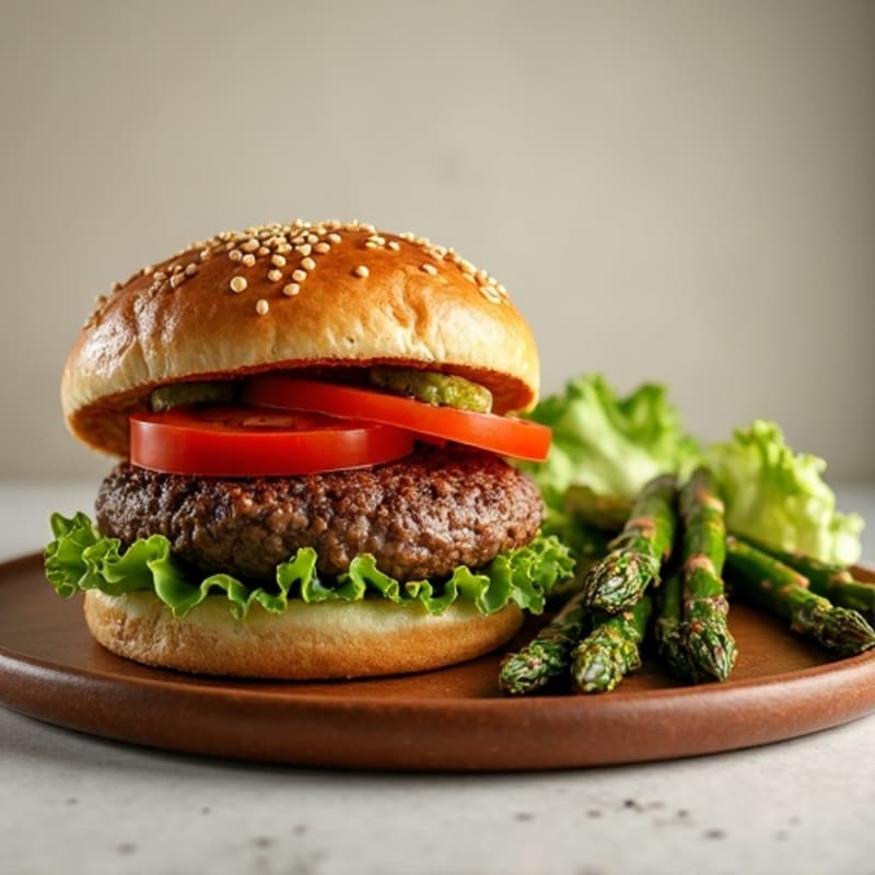 Juicy Lean Ground Beef Burger with Roasted Asparagus