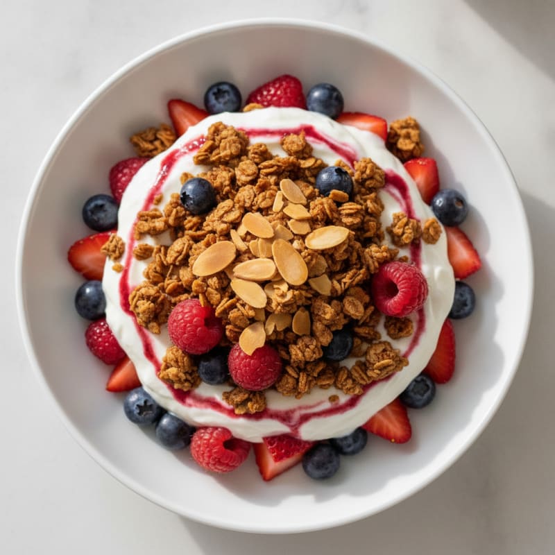 Greek Yogurt Parfait with Crunchy Almond Granola and Mixed Berries