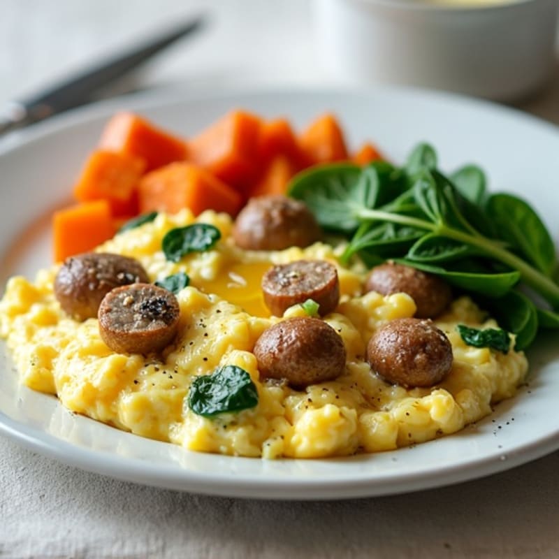 Egg White and Turkey Sausage Scramble with Spinach and Roasted Sweet Potato