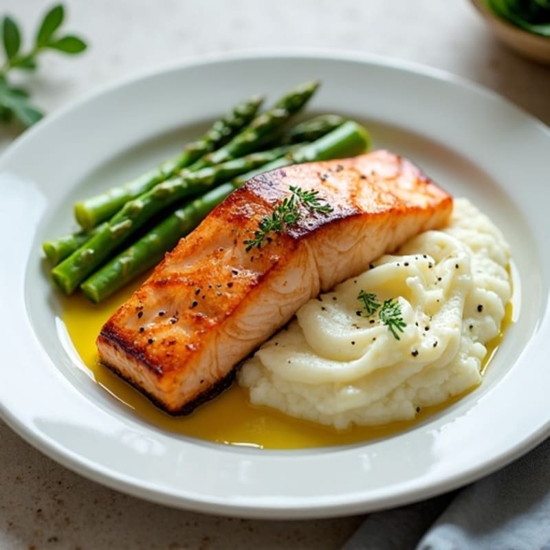 Seared Salmon Fillet with Steamed Asparagus and Cauliflower Mash