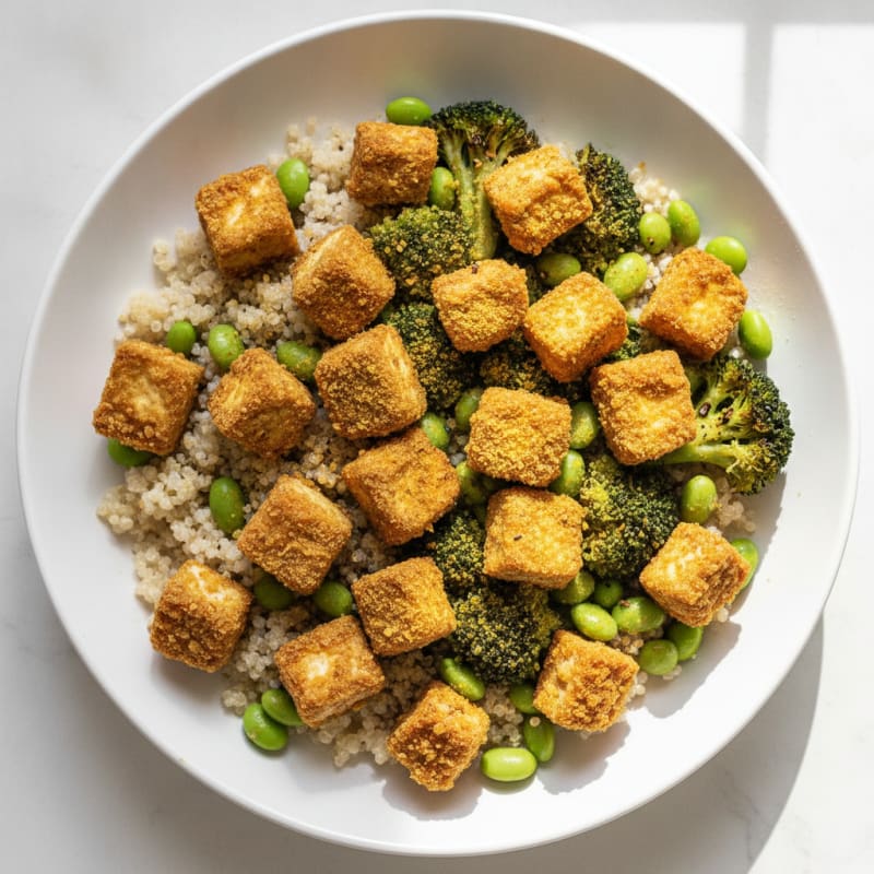Crispy Tofu Power Bowl with Quinoa and Roasted Broccoli