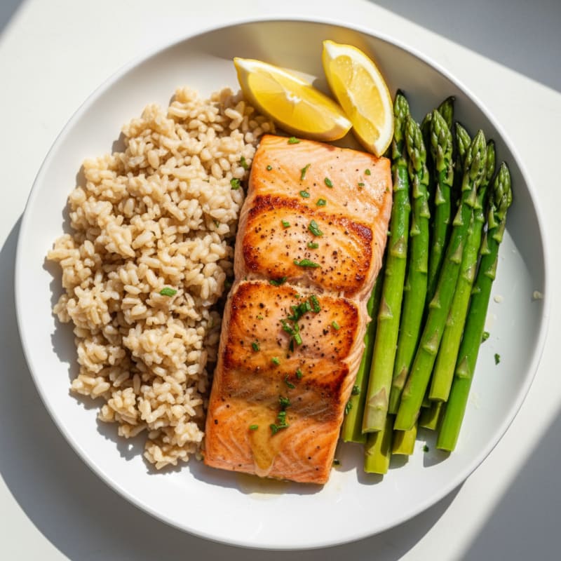 Seared Salmon with Steamed Asparagus and Brown Rice