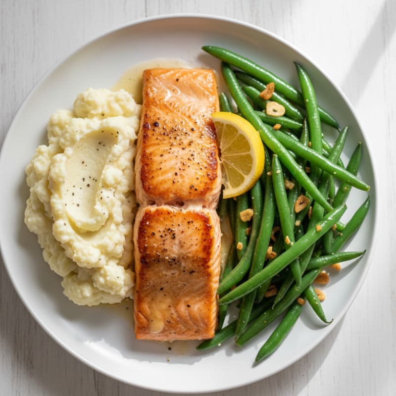 Seared Salmon with Garlic Green Beans and Mashed Cauliflower