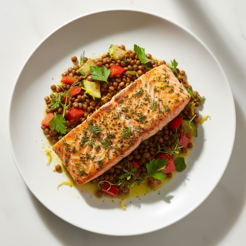 Herb-Seared Salmon with Roasted Lentil Vegetables
