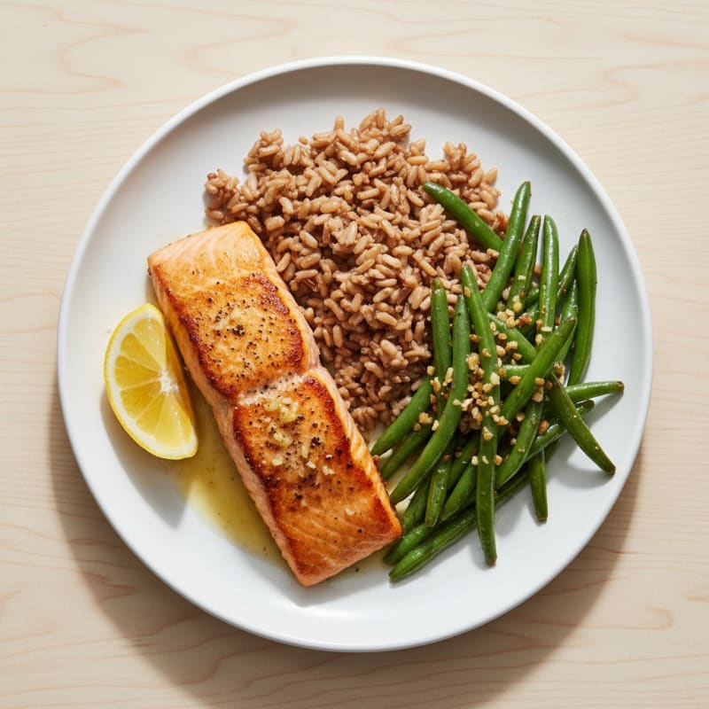 Seared Salmon with Garlic Green Beans and Brown Rice
