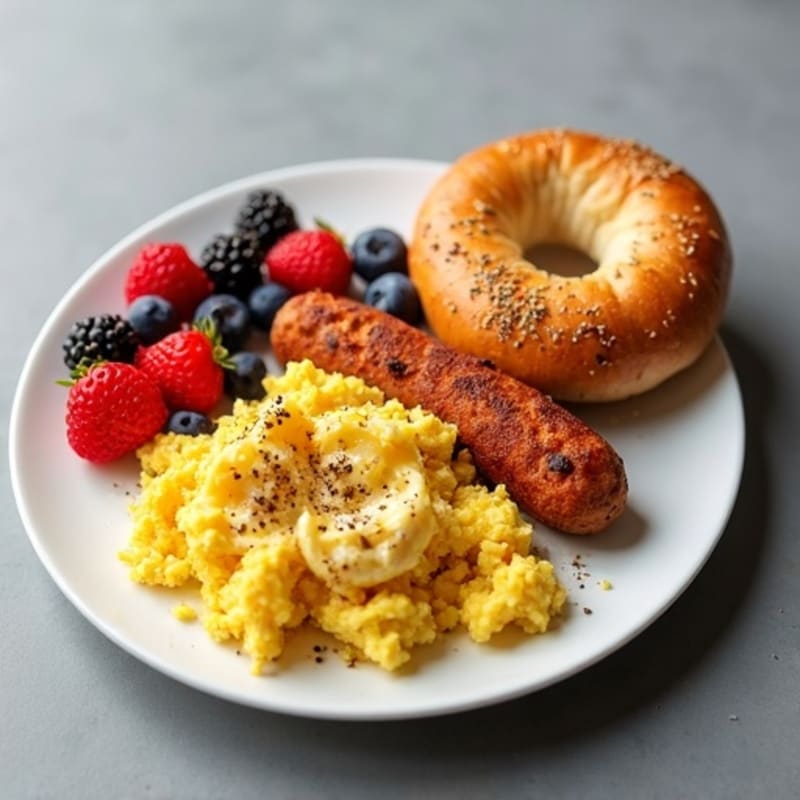 Crispy Turkey Sausage and Egg Scramble with Toasted Whole Grain Bagel and Fresh Berries