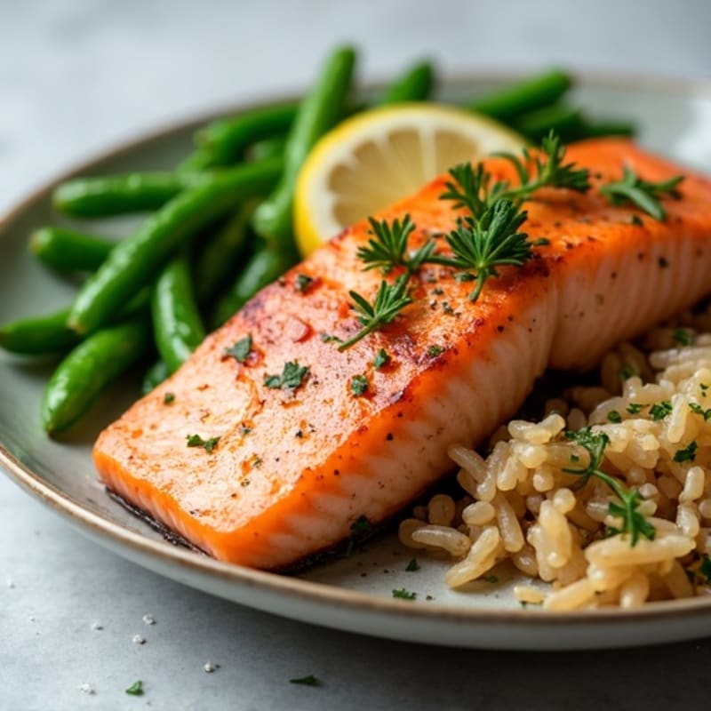 Seared Salmon with Steamed Green Beans and Herbed Brown Rice