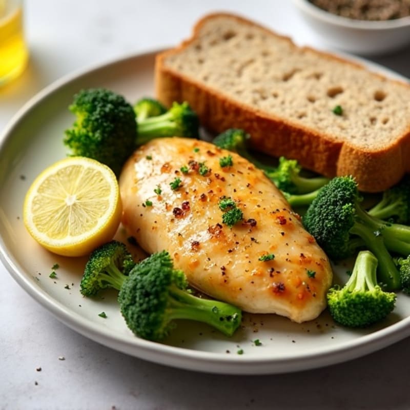 Lemon Garlic Chicken Breast with Roasted Broccoli and Whole Grain Bread