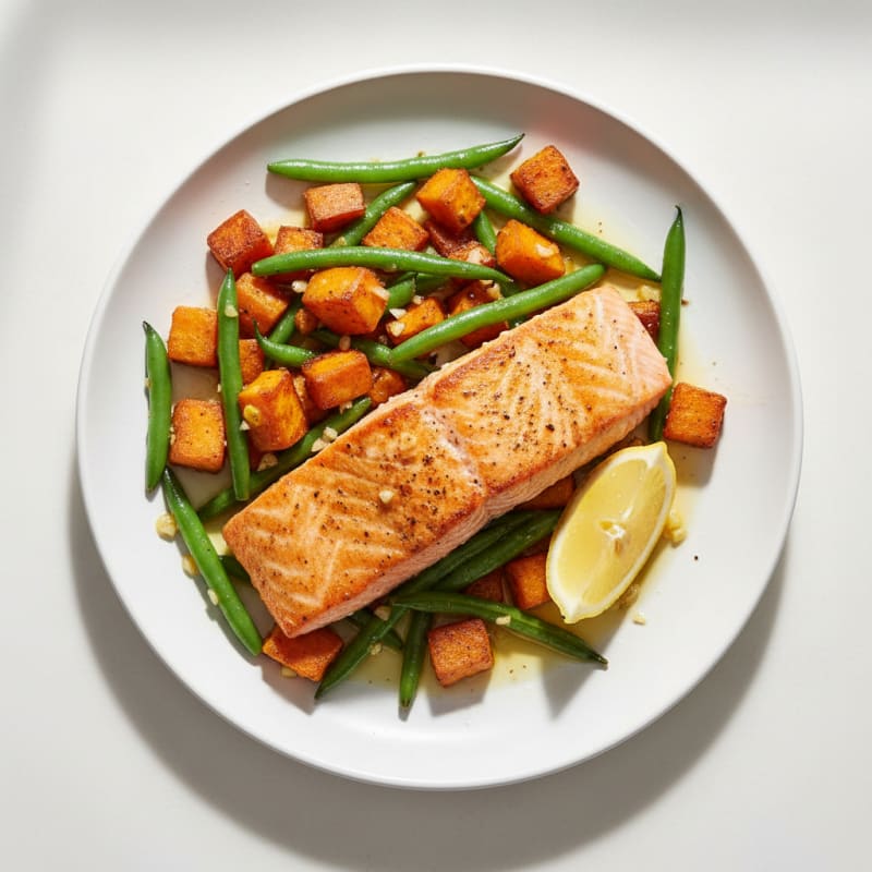 Seared Salmon Fillet with Roasted Sweet Potato and Green Beans