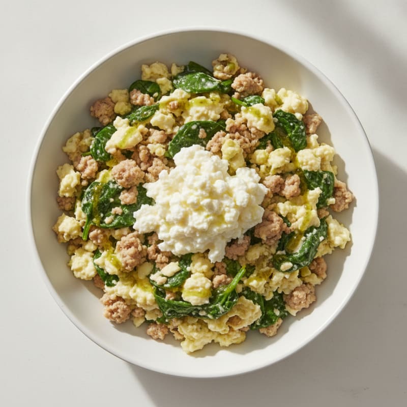 Egg White and Turkey Spinach Scramble with Cottage Cheese